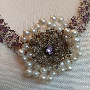 One of it's kind.  Crocheted Pearl Flower Necklace